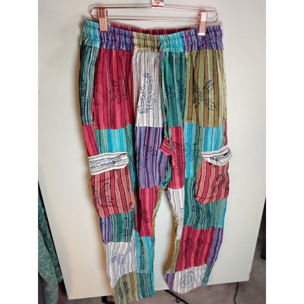 Handmade Nepal Patchwork Cotton Cargo Pants Boho Hippie Striped Multi Color Sm
